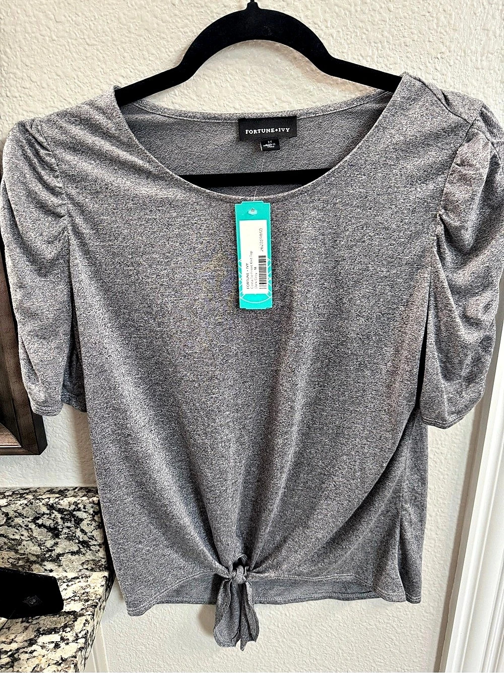 FORTUNE+IVY Costa Tie Front Knit Top Gray Tie-Front Top Size Medium NWT
